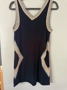 Vtg Cleo Petites Navy Knit Sleeveless Chevron Trim Sweater Dress Size M